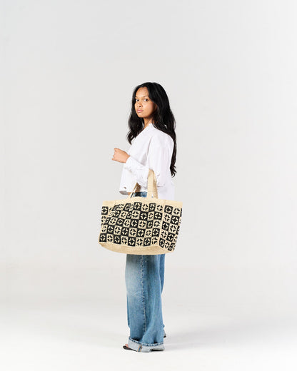 Sac cabas Damier en raphia naturel – Asara The Label