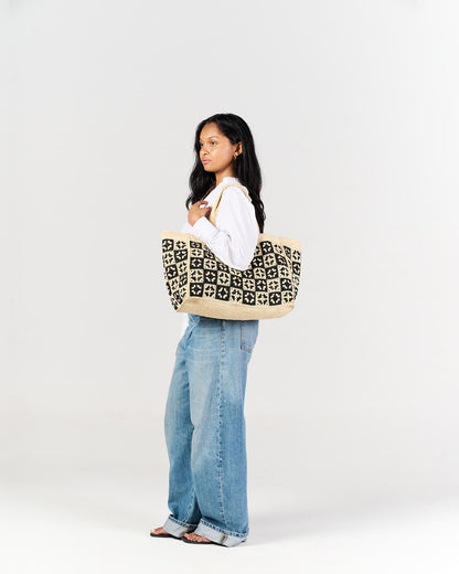 Sac cabas Damier en raphia naturel – Asara The Label