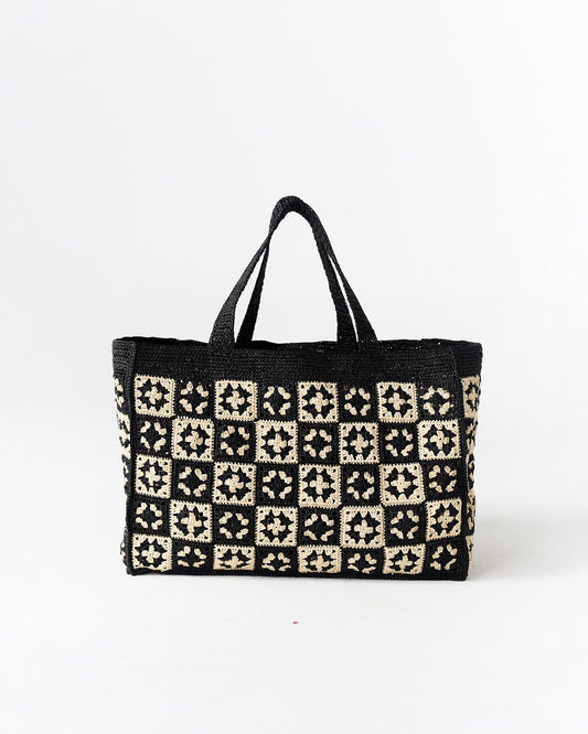 Sac cabas Damier en raphia noir – Asara The Label